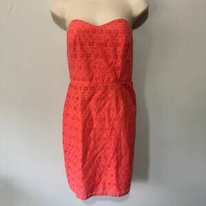 J Crew Factory Dress 0 Coral Pink Strapless Mini Eyelet Preppy Spring Cocktail